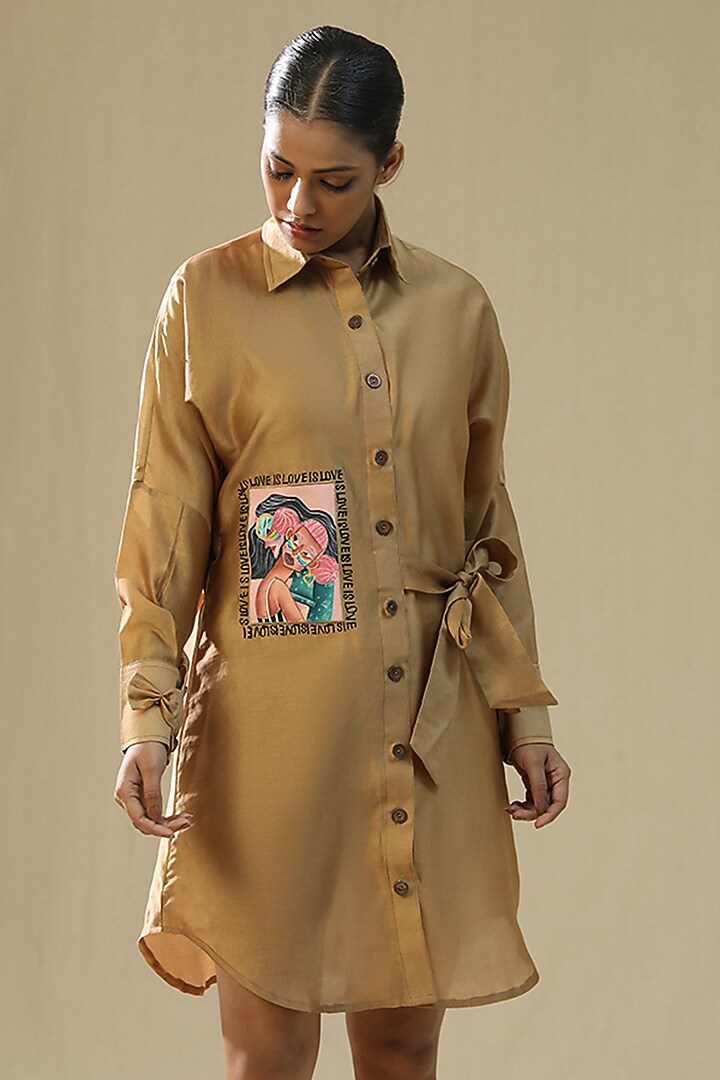 Golden Chanderi Silk Hand Painted Summer Shirt Dress by Arpita Sulakshana at Pernia's Pop Up Shop