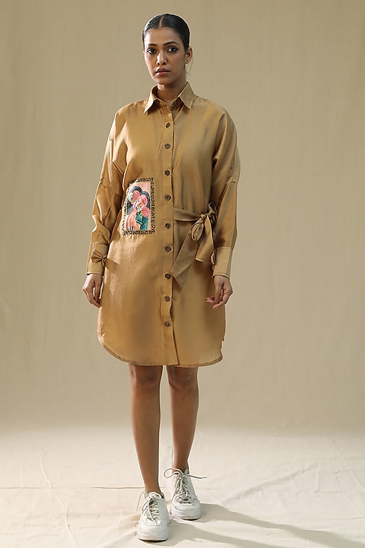 Golden Chanderi Silk Hand Painted Summer Shirt Dress by Arpita Sulakshana at Pernia's Pop Up Shop