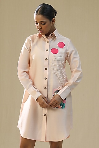 Baby Pink Chanderi Silk Hand Painted Shirt Dress by Arpita Sulakshana