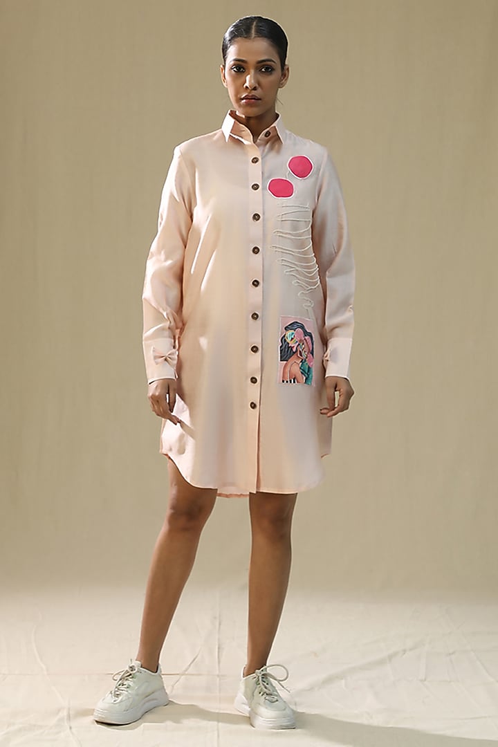 Baby Pink Chanderi Silk Hand Painted Summer Shirt Dress by Arpita Sulakshana at Pernia's Pop Up Shop