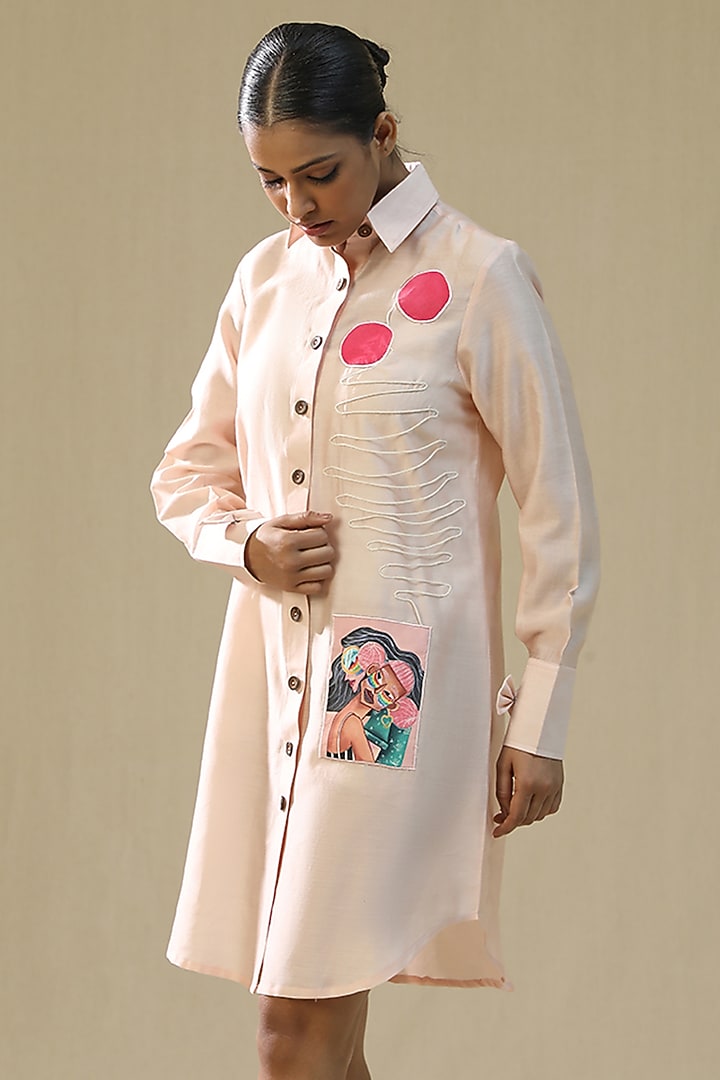 Baby Pink Chanderi Silk Hand Painted Summer Shirt Dress by Arpita Sulakshana at Pernia's Pop Up Shop
