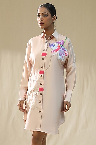 Baby Pink Chanderi Silk Hand Painted Shirt Dress by Arpita Sulakshana