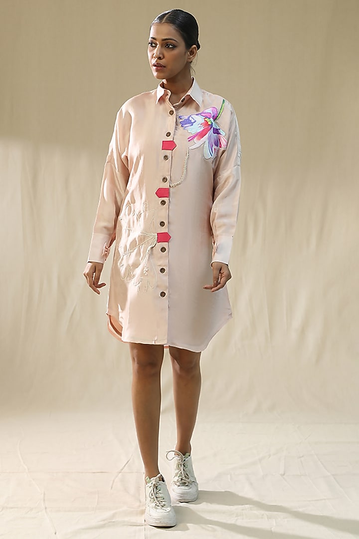 Baby Pink Chanderi Silk Hand Painted Summer Shirt Dress by Arpita Sulakshana at Pernia's Pop Up Shop