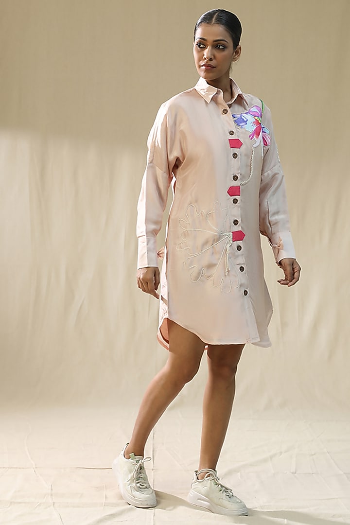 Baby Pink Chanderi Silk Hand Painted Summer Shirt Dress by Arpita Sulakshana at Pernia's Pop Up Shop