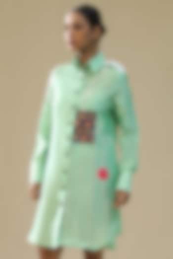 Pista Green Chanderi Silk Hand Painted Summer Shirt Dress by Arpita Sulakshana at Pernia's Pop Up Shop