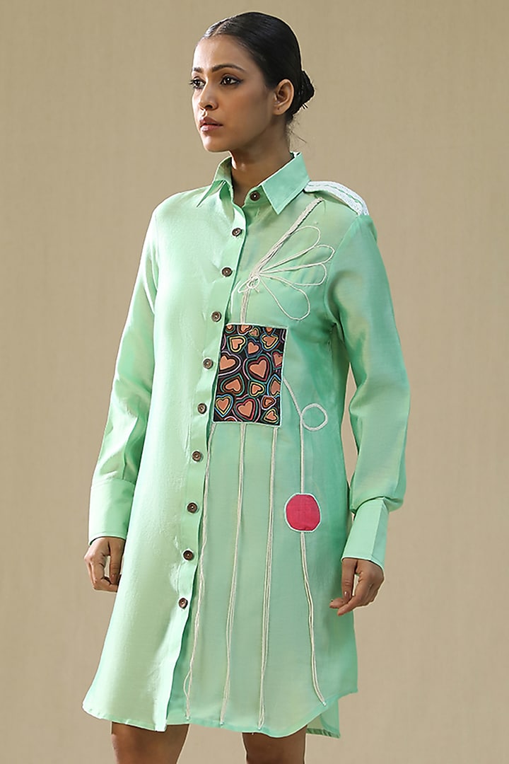 Pista Green Chanderi Silk Hand Painted Summer Shirt Dress by Arpita Sulakshana at Pernia's Pop Up Shop