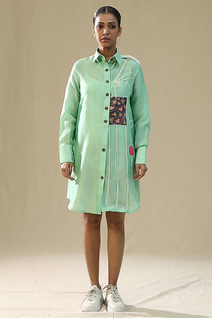 Pista Green Chanderi Silk Hand Painted Summer Shirt Dress by Arpita Sulakshana at Pernia's Pop Up Shop