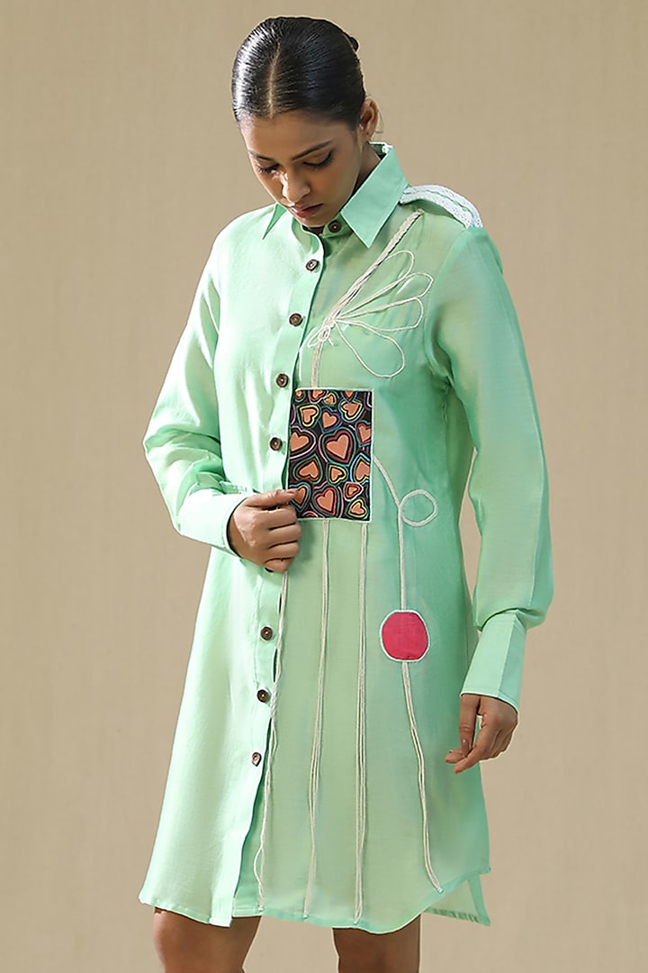 Pista Green Chanderi Silk Hand Painted Summer Shirt Dress by Arpita Sulakshana at Pernia's Pop Up Shop