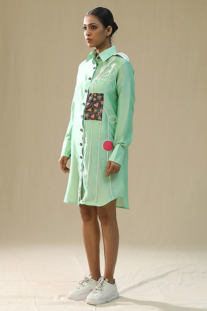 Pista Green Chanderi Silk Hand Painted Summer Shirt Dress by Arpita Sulakshana at Pernia's Pop Up Shop