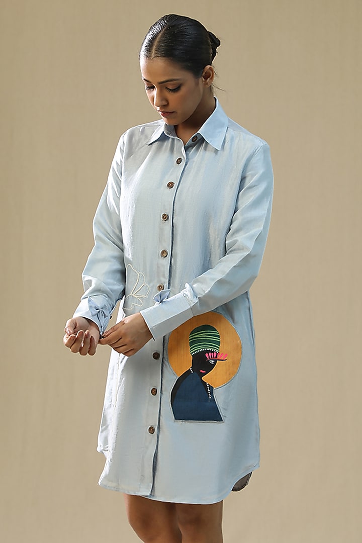 Ice Blue Chanderi Silk Hand Painted Summer Shirt Dress by Arpita Sulakshana at Pernia's Pop Up Shop