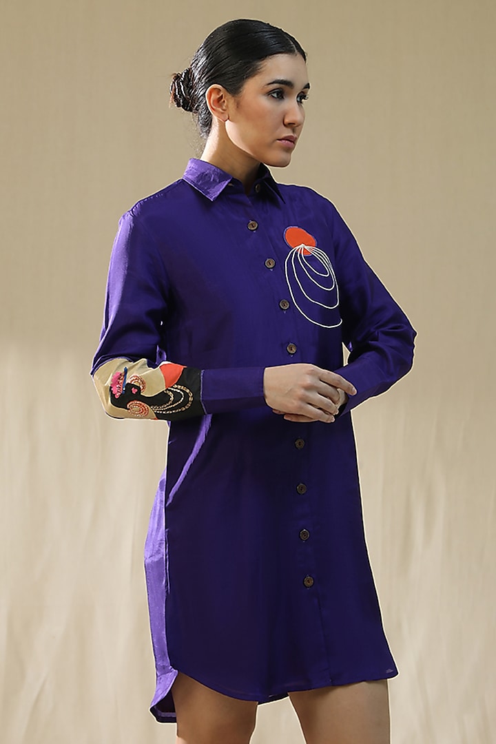 Purple Chanderi Silk Hand Painted Summer Shirt Dress by Arpita Sulakshana at Pernia's Pop Up Shop