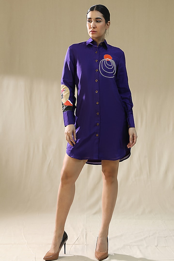 Purple Chanderi Silk Hand Painted Summer Shirt Dress by Arpita Sulakshana at Pernia's Pop Up Shop
