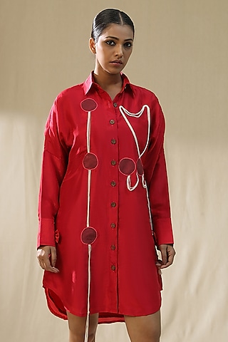 Scarlet Red Summer Silk Hand Painted Shirt Dress by Arpita Sulakshana
