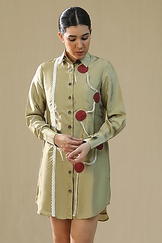 Olive Summer Silk Hand Painted Shirt Dress by Arpita Sulakshana