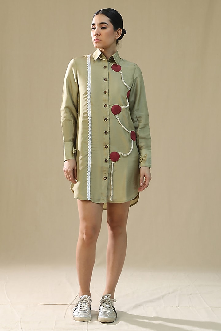 Olive Summer Silk Hand Painted Summer Shirt Dress by Arpita Sulakshana at Pernia's Pop Up Shop