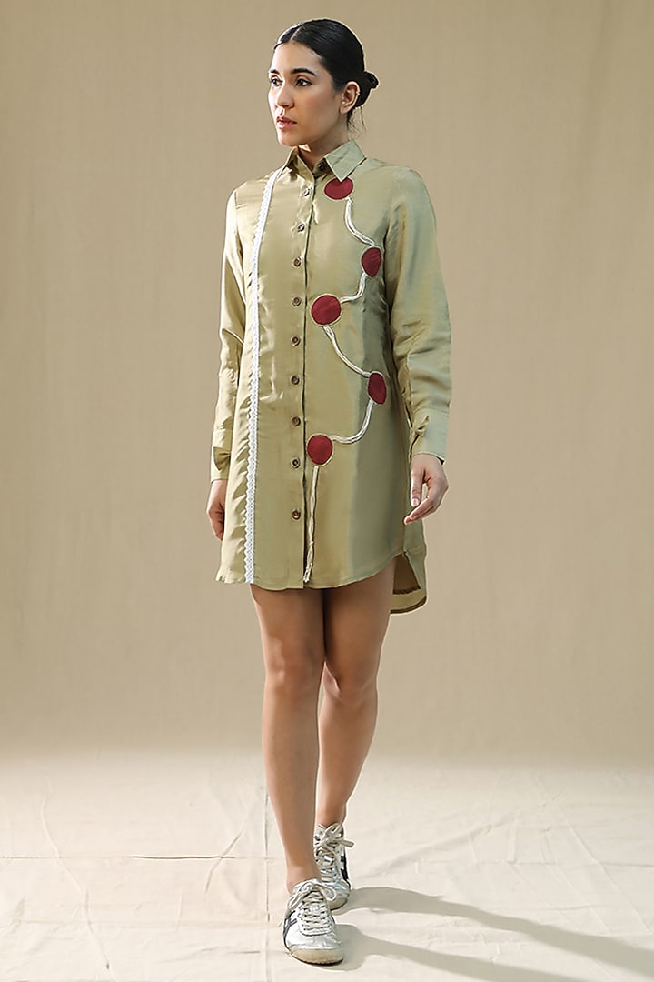 Olive Summer Silk Hand Painted Summer Shirt Dress by Arpita Sulakshana at Pernia's Pop Up Shop