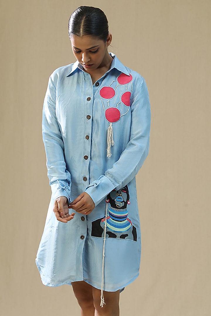Sky Blue Summer Silk Hand Painted Summer Shirt Dress by Arpita Sulakshana at Pernia's Pop Up Shop