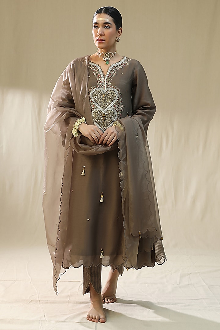 Mocha Brown Chanderi Silk A-Line Kurta Set by Arpita Sulakshana at Pernia's Pop Up Shop