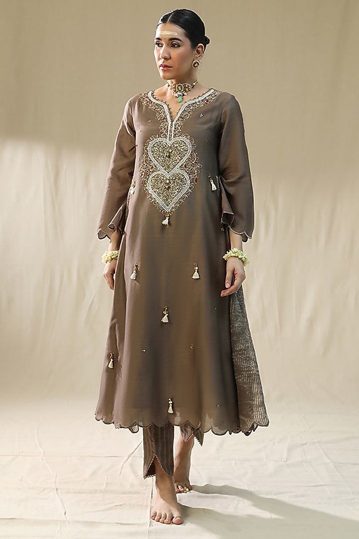Mocha Brown Chanderi Silk A-Line Kurta Set by Arpita Sulakshana at Pernia's Pop Up Shop