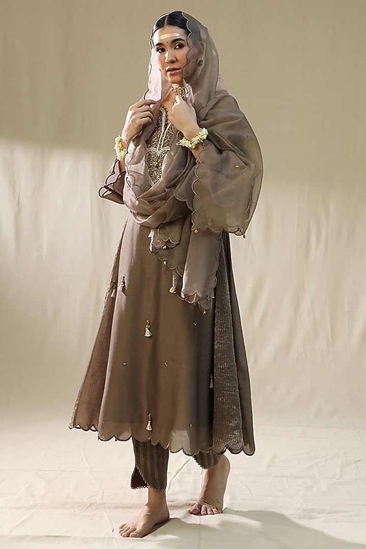 Mocha Brown Chanderi Silk A-Line Kurta Set by Arpita Sulakshana at Pernia's Pop Up Shop