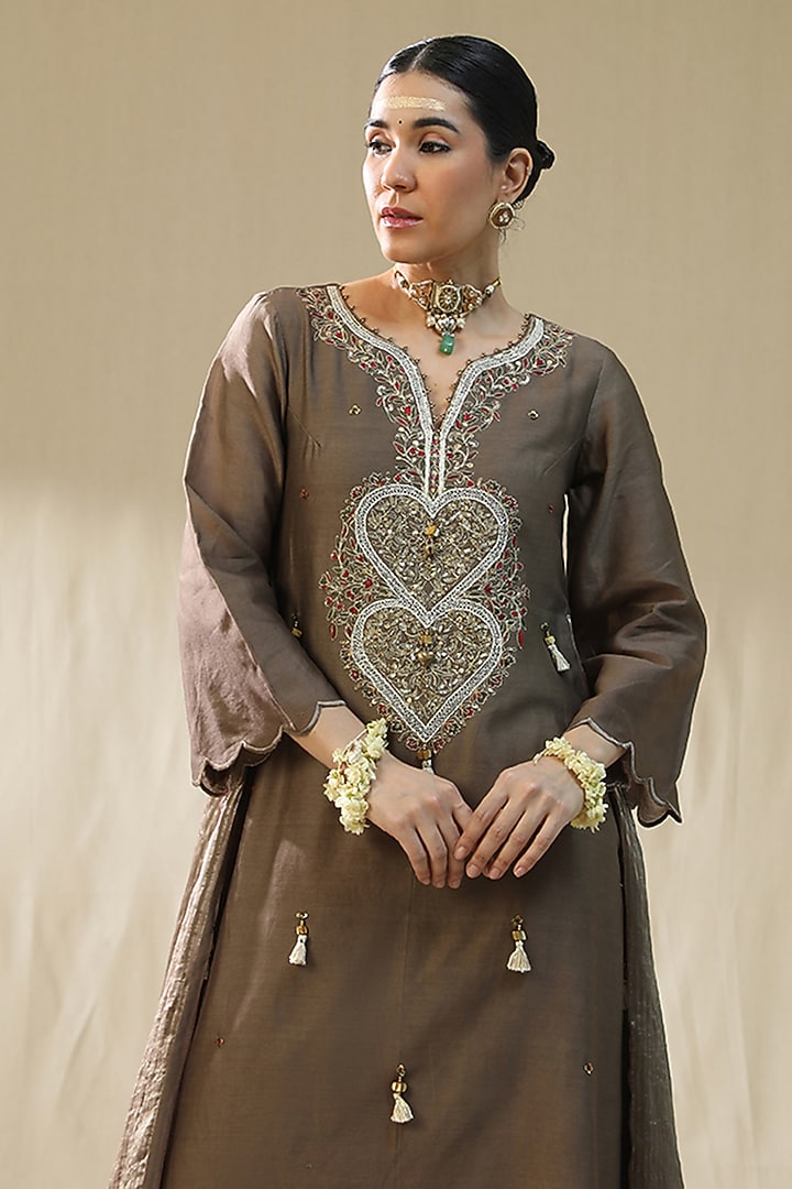 Mocha Brown Chanderi Silk A-Line Kurta Set by Arpita Sulakshana at Pernia's Pop Up Shop