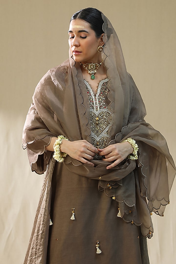 Mocha Brown Chanderi Silk A-Line Kurta Set by Arpita Sulakshana at Pernia's Pop Up Shop
