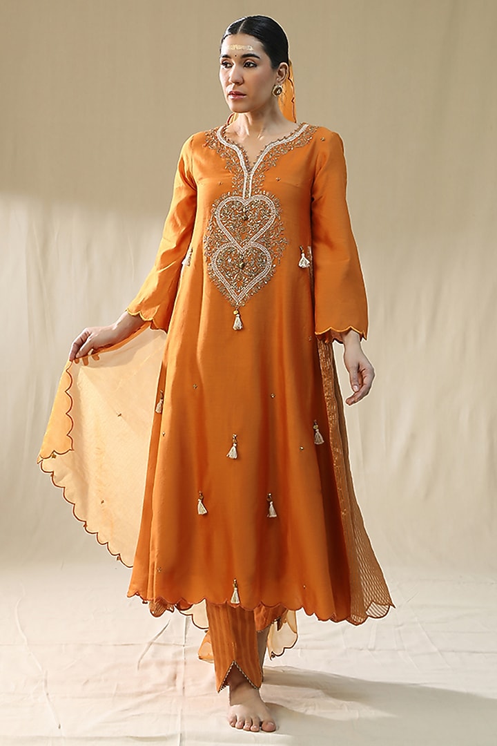 Orange Chanderi Silk A-Line Kurta Set by Arpita Sulakshana at Pernia's Pop Up Shop