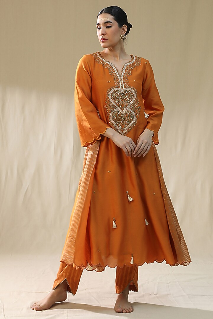 Orange Chanderi Silk A-Line Kurta Set by Arpita Sulakshana at Pernia's Pop Up Shop