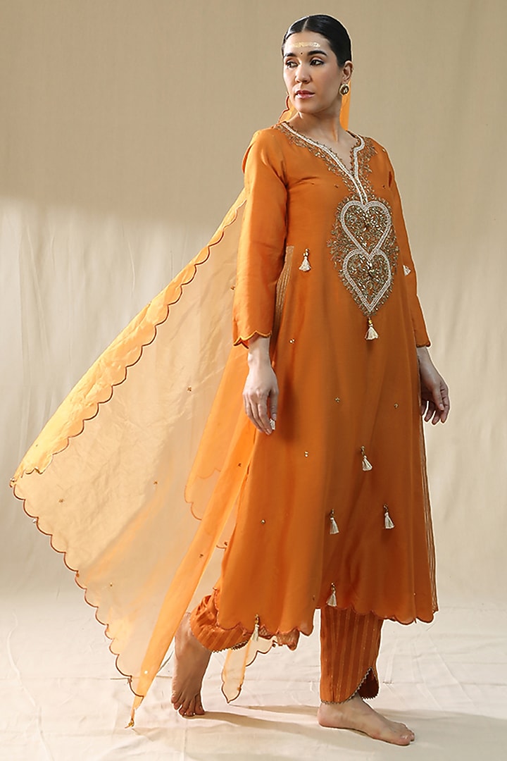 Orange Chanderi Silk A-Line Kurta Set by Arpita Sulakshana at Pernia's Pop Up Shop