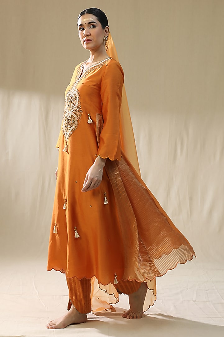 Orange Chanderi Silk A-Line Kurta Set by Arpita Sulakshana at Pernia's Pop Up Shop