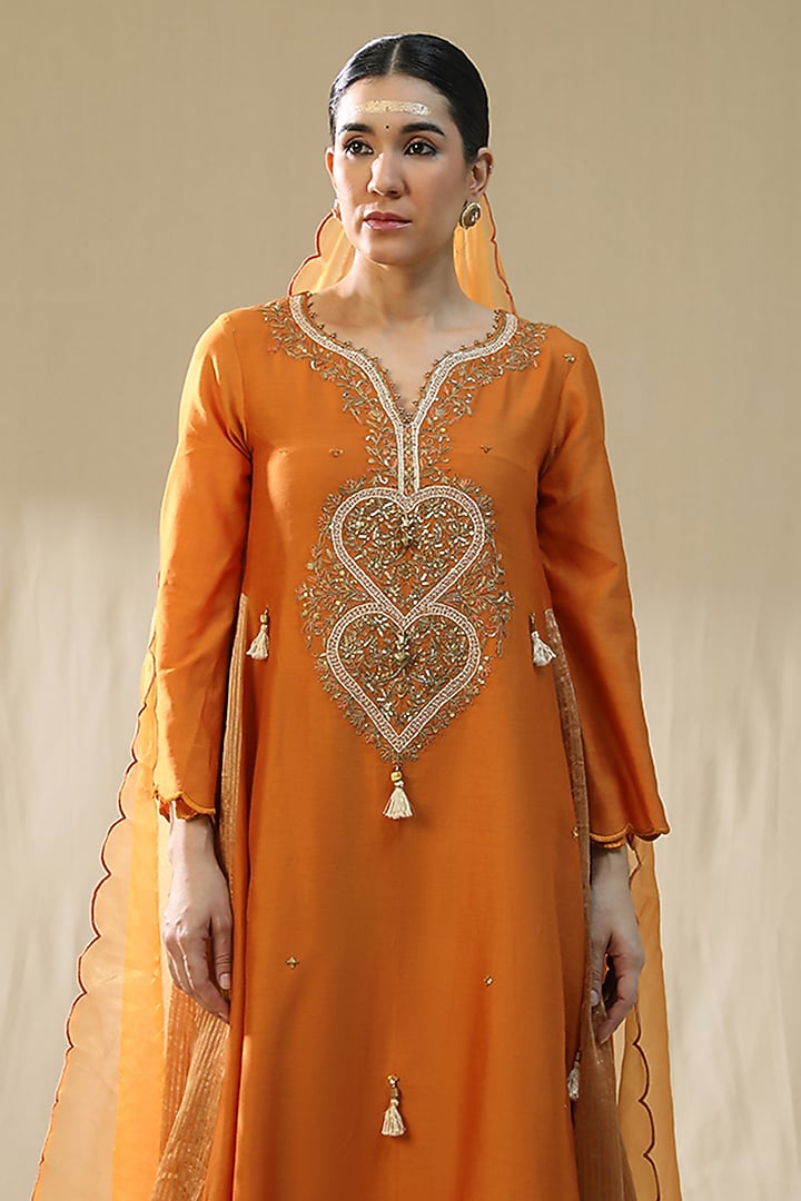 Orange Chanderi Silk A-Line Kurta Set by Arpita Sulakshana at Pernia's Pop Up Shop