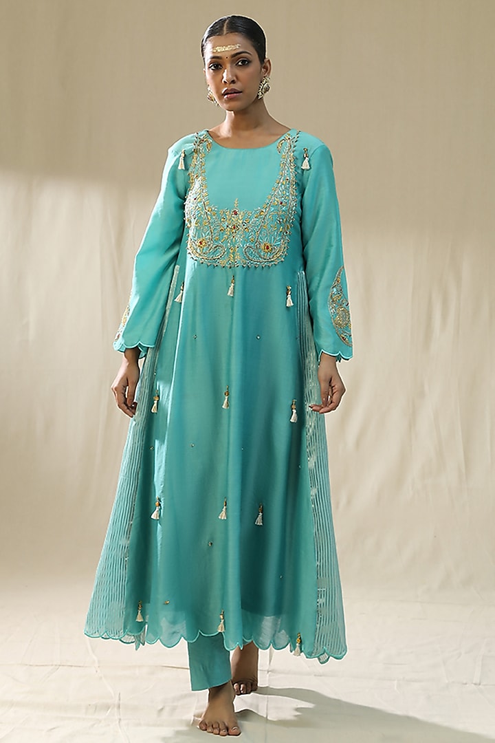 Sky Blue Chanderi Silk A-Line Kurta Set by Arpita Sulakshana at Pernia's Pop Up Shop