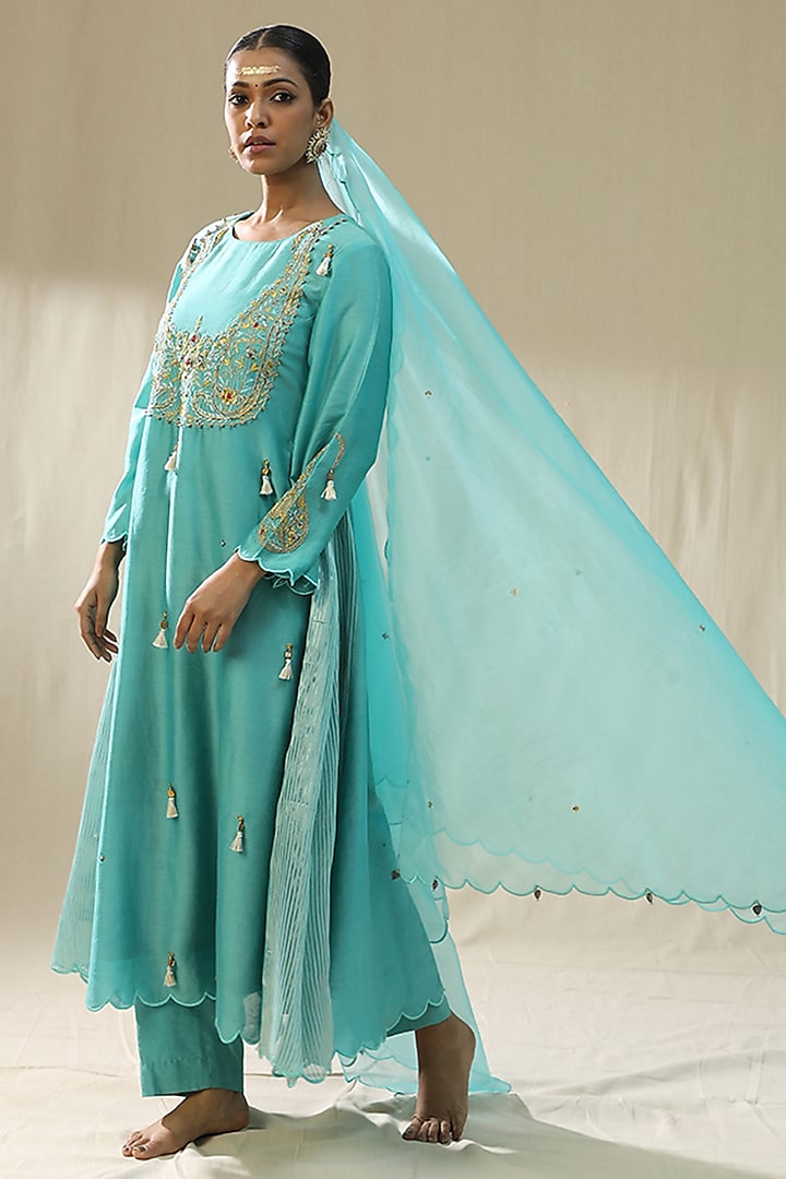 Sky Blue Chanderi Silk A-Line Kurta Set by Arpita Sulakshana at Pernia's Pop Up Shop
