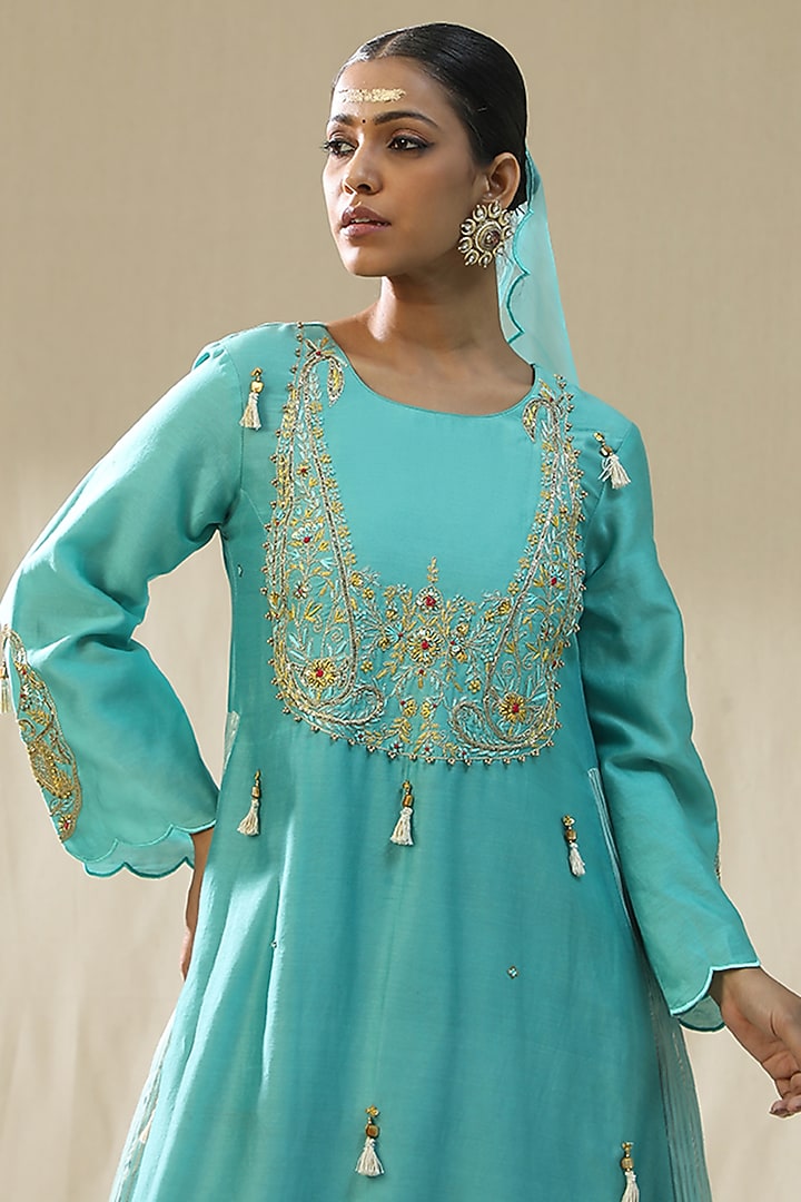 Sky Blue Chanderi Silk A-Line Kurta Set by Arpita Sulakshana at Pernia's Pop Up Shop