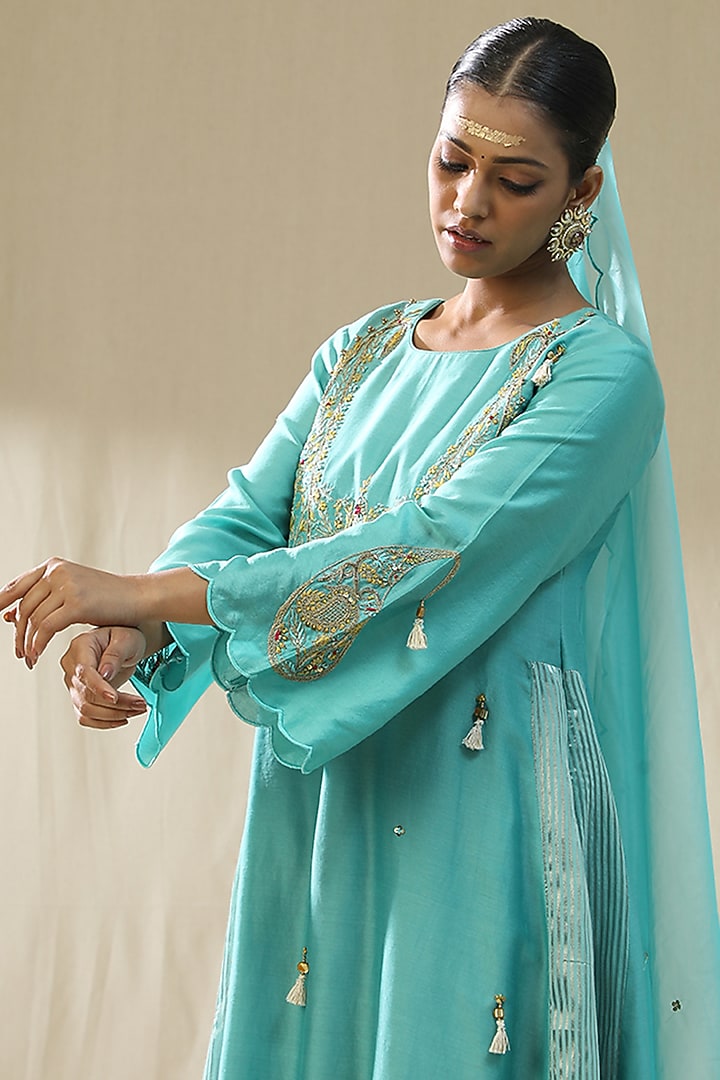 Sky Blue Chanderi Silk A-Line Kurta Set by Arpita Sulakshana at Pernia's Pop Up Shop