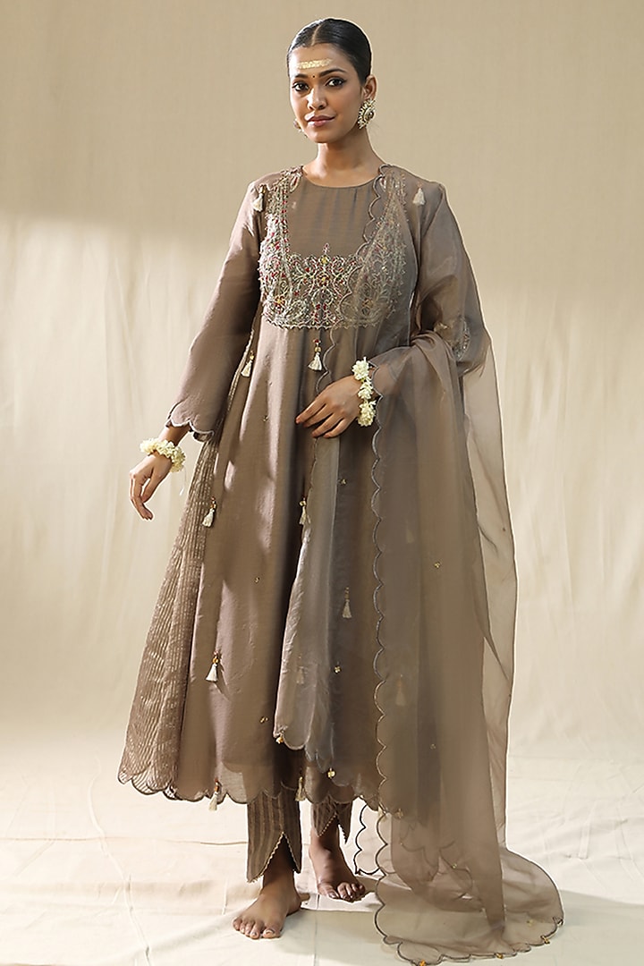 Mocha Colored Chanderi Silk A-Line Kurta Set by Arpita Sulakshana at Pernia's Pop Up Shop