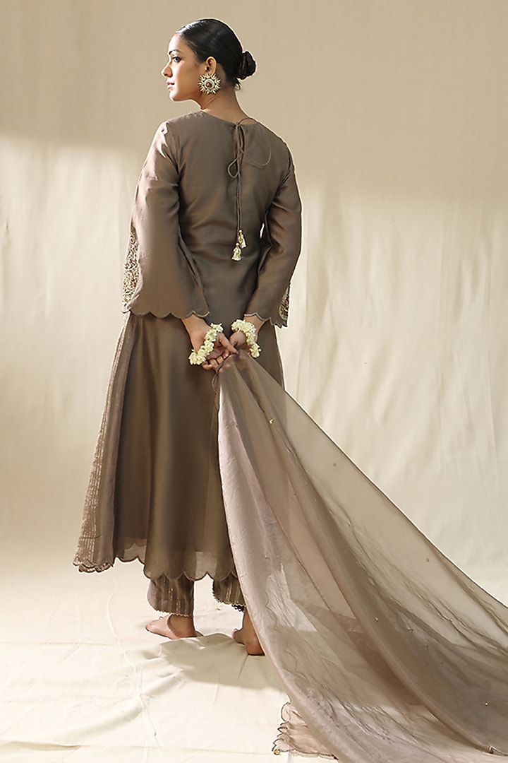 Mocha Colored Chanderi Silk A-Line Kurta Set by Arpita Sulakshana at Pernia's Pop Up Shop