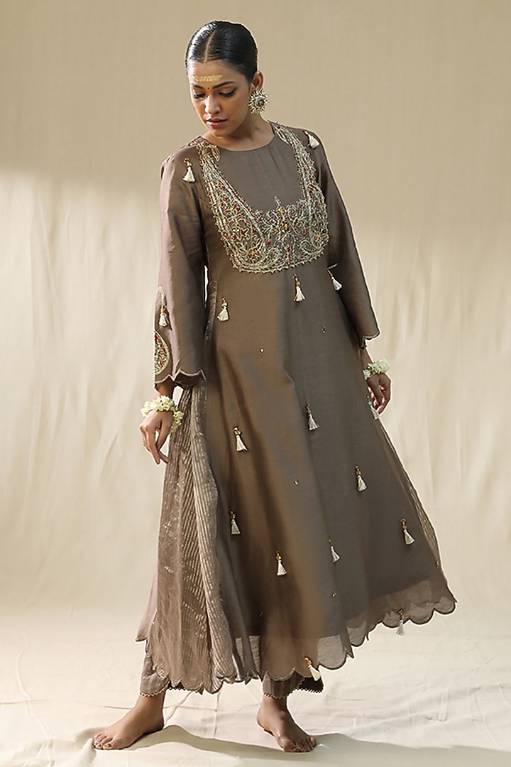 Mocha Colored Chanderi Silk A-Line Kurta Set by Arpita Sulakshana at Pernia's Pop Up Shop