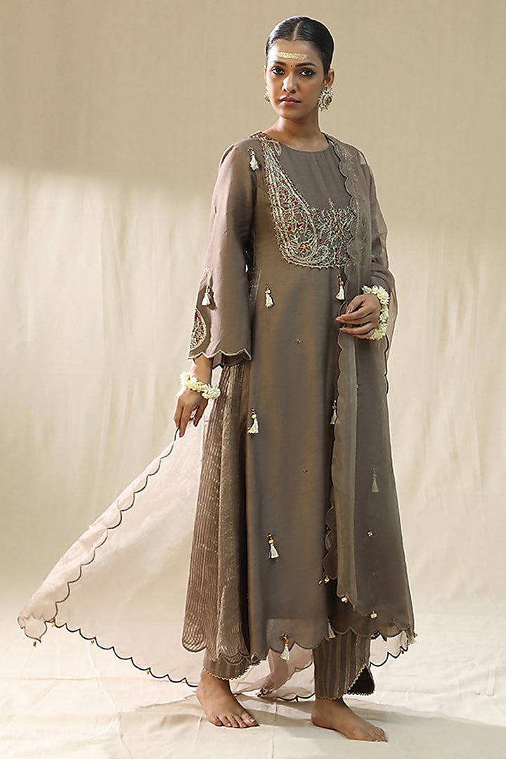 Mocha Colored Chanderi Silk A-Line Kurta Set by Arpita Sulakshana at Pernia's Pop Up Shop