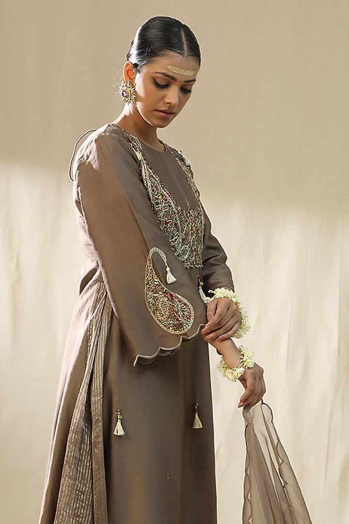 Mocha Colored Chanderi Silk A-Line Kurta Set by Arpita Sulakshana at Pernia's Pop Up Shop