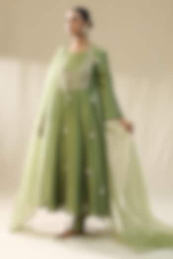 Pista Green Chanderi Silk A-Line Kurta Set by Arpita Sulakshana at Pernia's Pop Up Shop