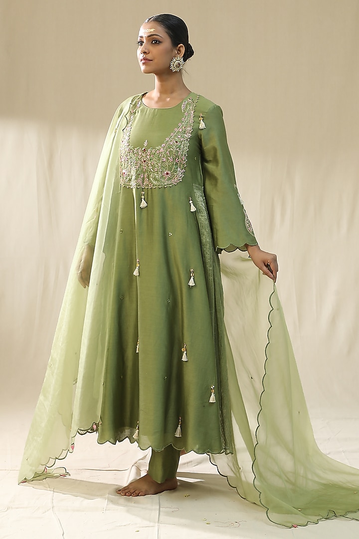 Pista Green Chanderi Silk A-Line Kurta Set by Arpita Sulakshana at Pernia's Pop Up Shop