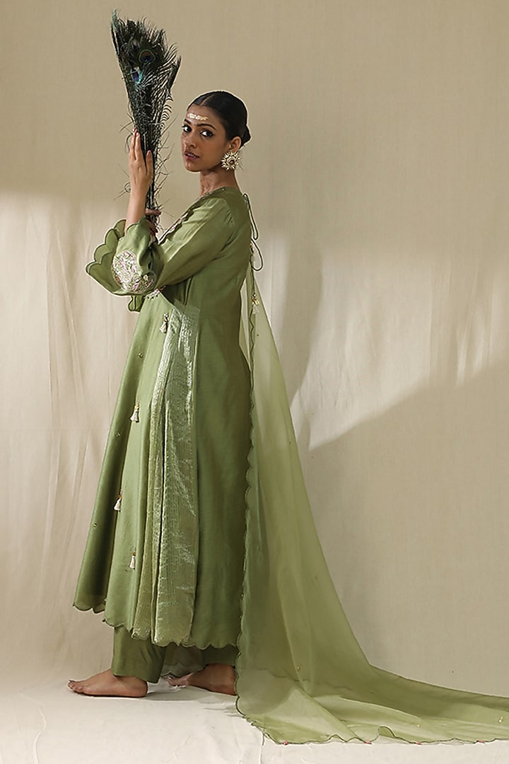 Pista Green Chanderi Silk A-Line Kurta Set by Arpita Sulakshana at Pernia's Pop Up Shop