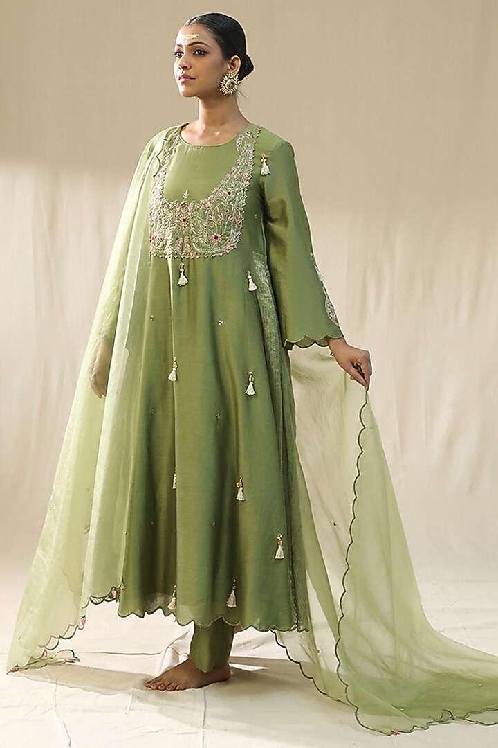 Pista Green Chanderi Silk A-Line Kurta Set by Arpita Sulakshana at Pernia's Pop Up Shop