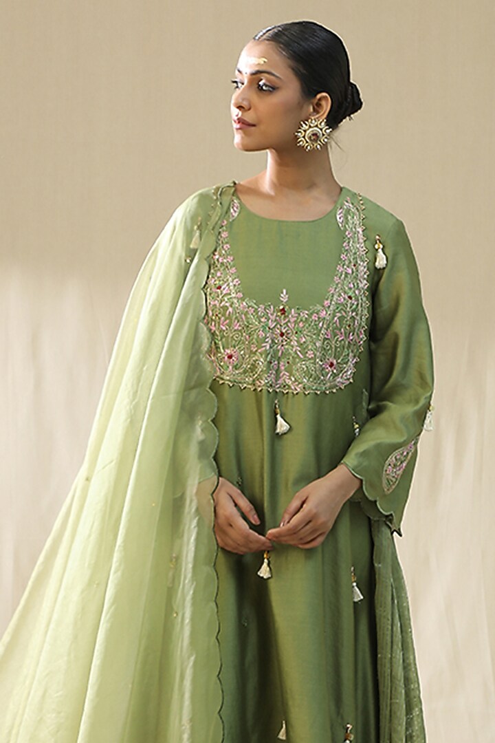 Pista Green Chanderi Silk A-Line Kurta Set by Arpita Sulakshana at Pernia's Pop Up Shop