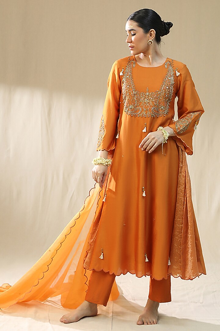 Orange Chanderi Silk A-Line Kurta Set by Arpita Sulakshana at Pernia's Pop Up Shop