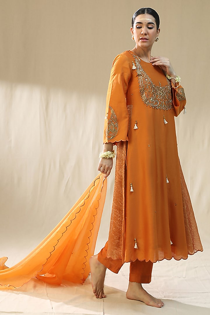Orange Chanderi Silk A-Line Kurta Set by Arpita Sulakshana at Pernia's Pop Up Shop