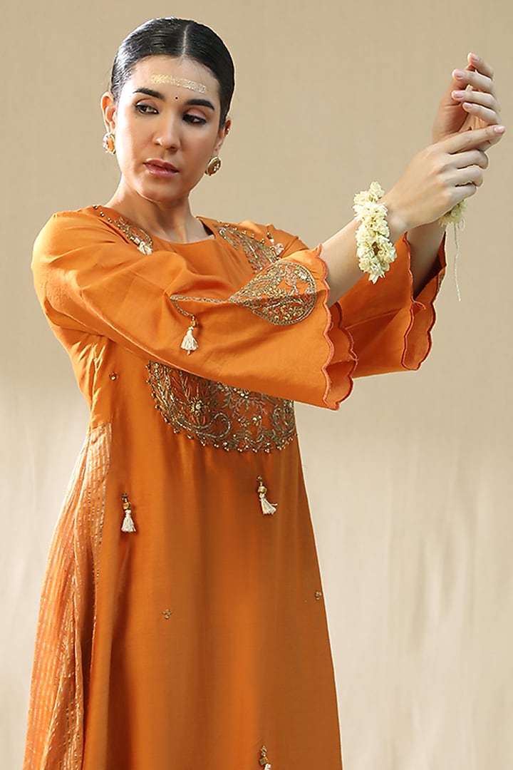 Orange Chanderi Silk A-Line Kurta Set by Arpita Sulakshana at Pernia's Pop Up Shop