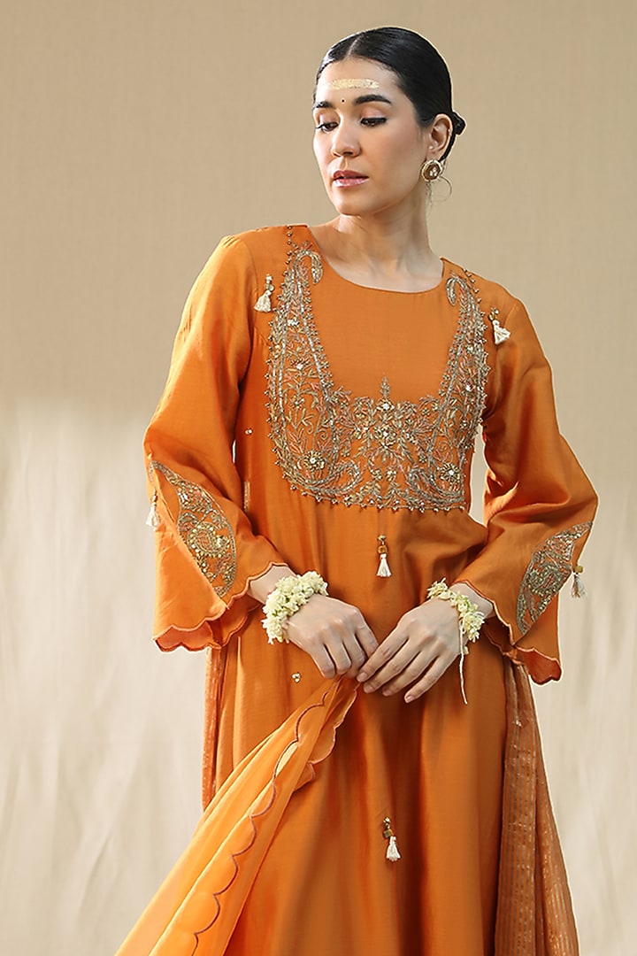 Orange Chanderi Silk A-Line Kurta Set by Arpita Sulakshana at Pernia's Pop Up Shop