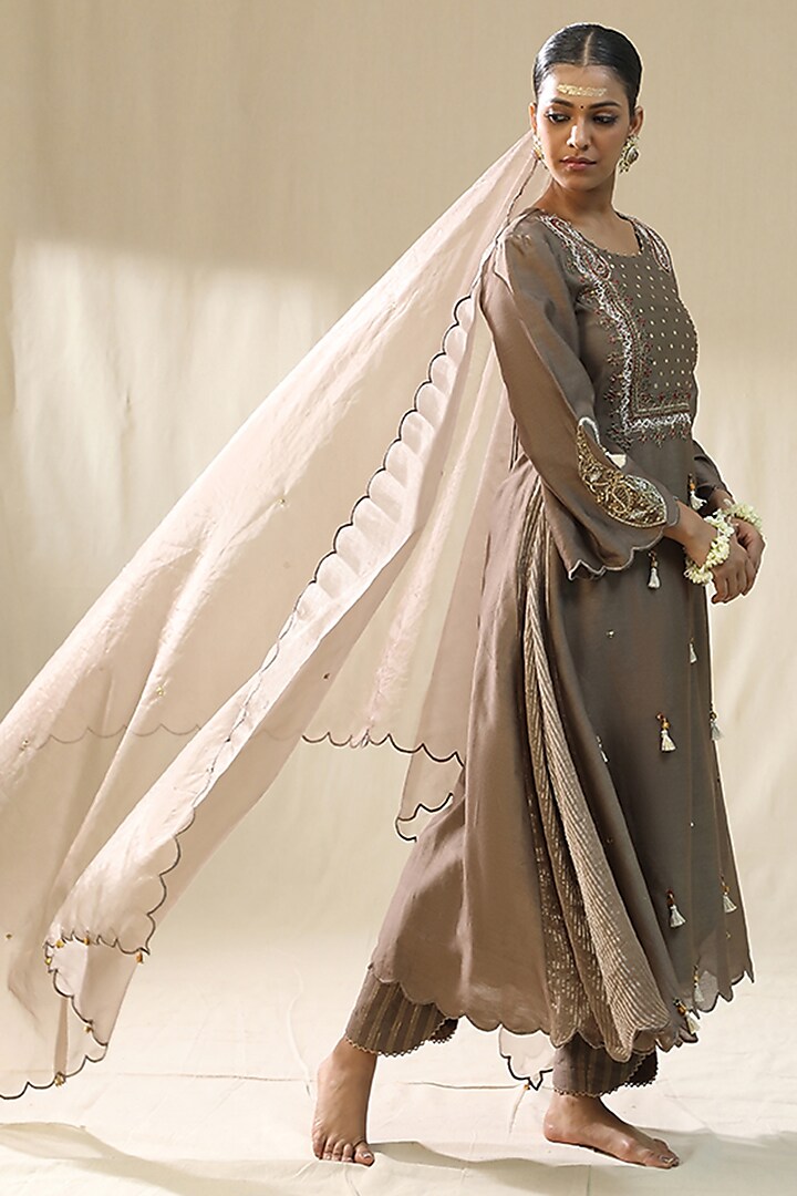 Mocha Colored Chanderi Silk A-Line Kurta Set by Arpita Sulakshana at Pernia's Pop Up Shop